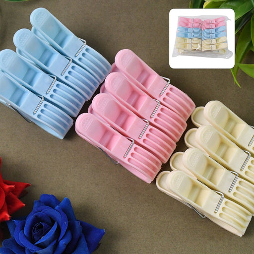 Pack of 12 multicolor plastic cloth clips used for laundry and bag sealing