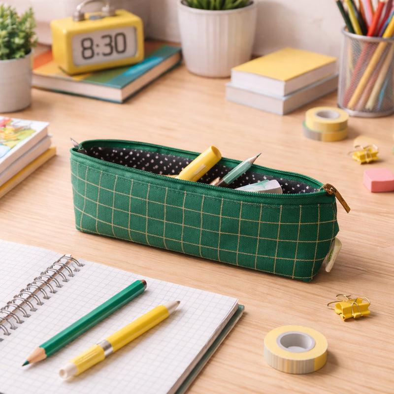 Front view of the green grid printed pencil pouch with zipper closure.