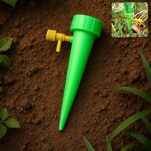 Plant Watering Spike gently watering potted plants in garden