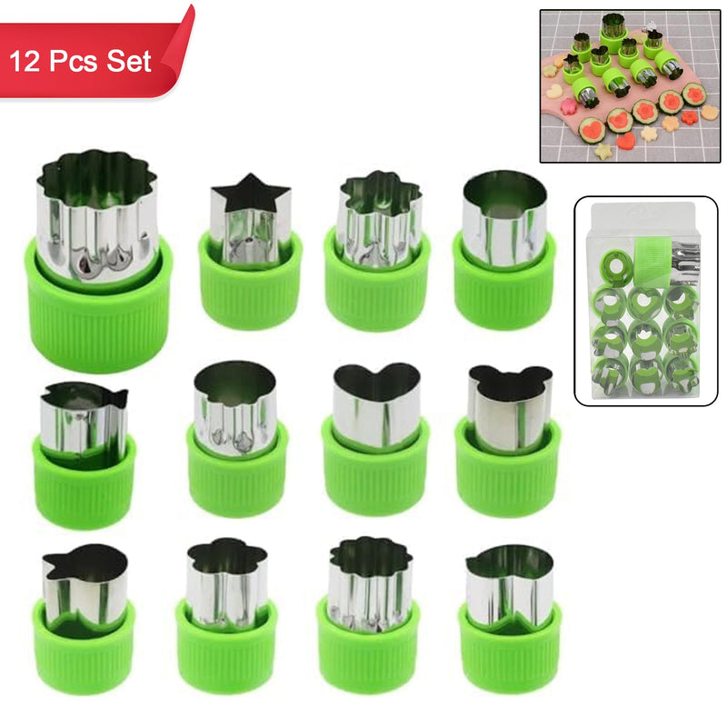 Complete 12-piece stainless steel cookie cutter set with various shapes for baking.