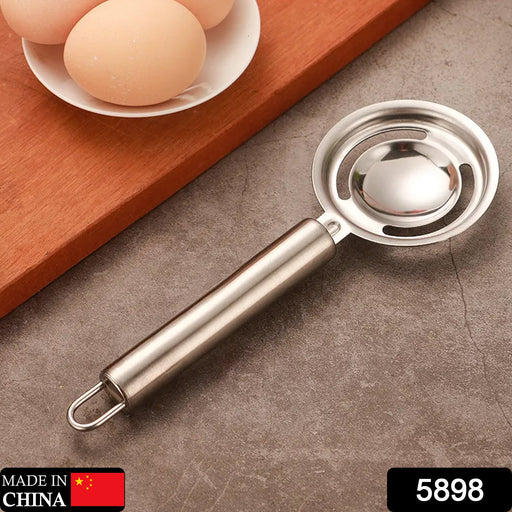 Top-down view of a stainless steel egg separator, a handy kitchen tool.