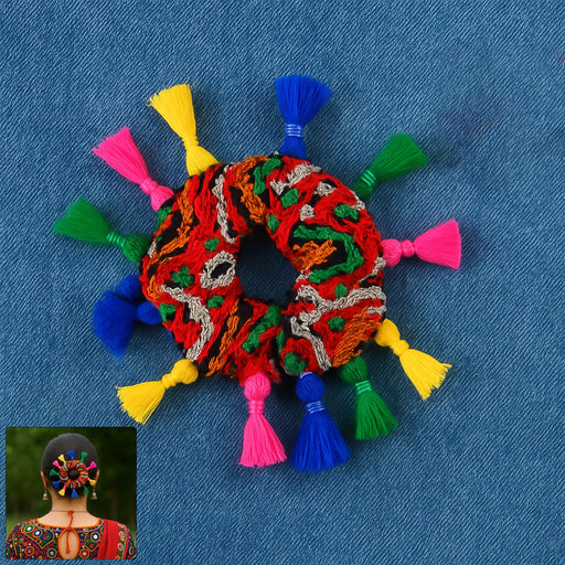 Vibrant Navratri Hair Bun with multicolor tassels for festive hairstyle