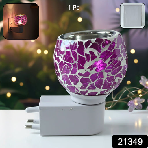 Plug-in aroma diffuser lamp casting warm ambient light in living room