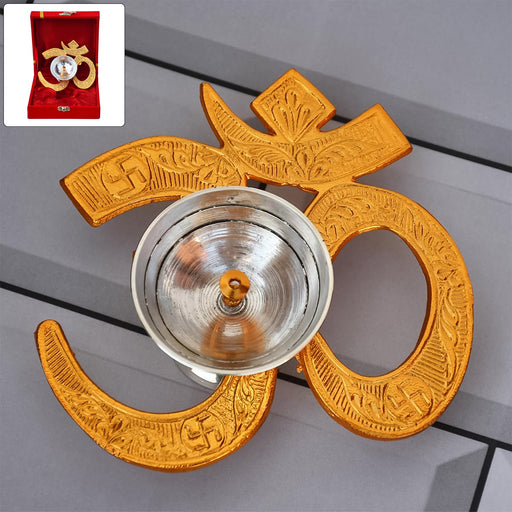 Om Symbol Brass Oil Diya with golden finish and silver-polished bowl