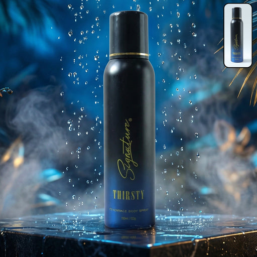 Signature Thirsty fragrance body spray for men in stylish packaging