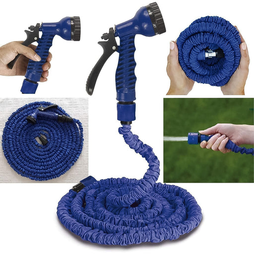 Expandable garden hose fully extended with spray gun, ready for use.