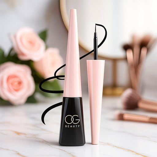 Close-up of matte liquid eyeliner packaging with OG Beauty Mystic Eyeliner branding
