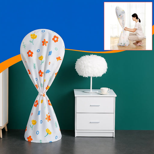 Flower-printed fan cover protecting a ceiling fan against dust