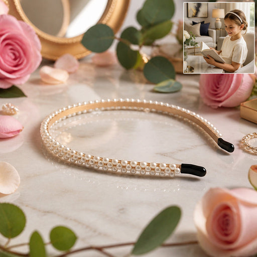 Woman wearing an elegant pearl hairband, stylish and comfortable