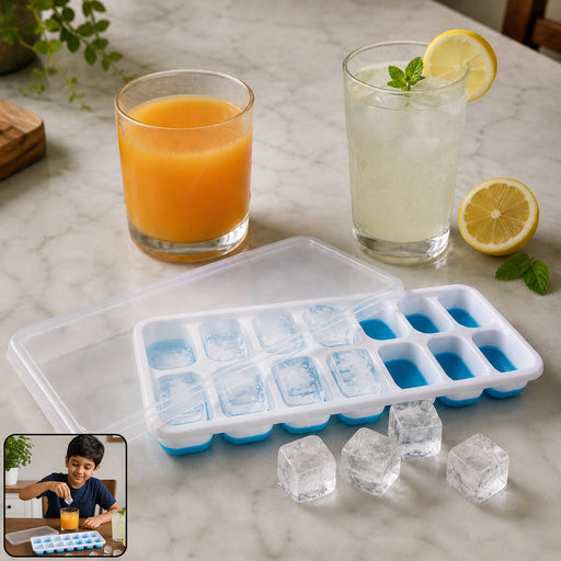 Plastic ice cube tray with 14 compartments and lid, ideal for freezing ice and treats