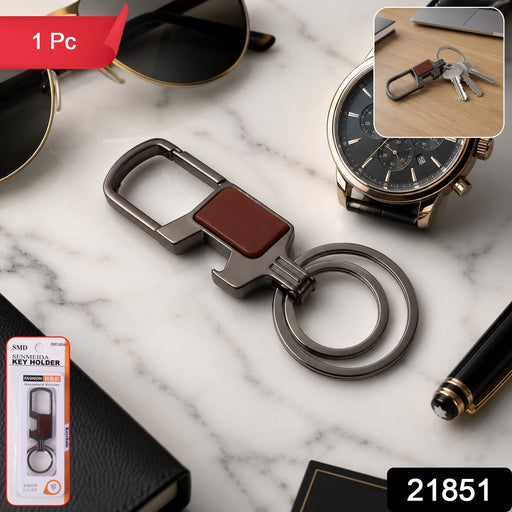 Stylish metal key holder with safety lock clip attached to belt loop for security