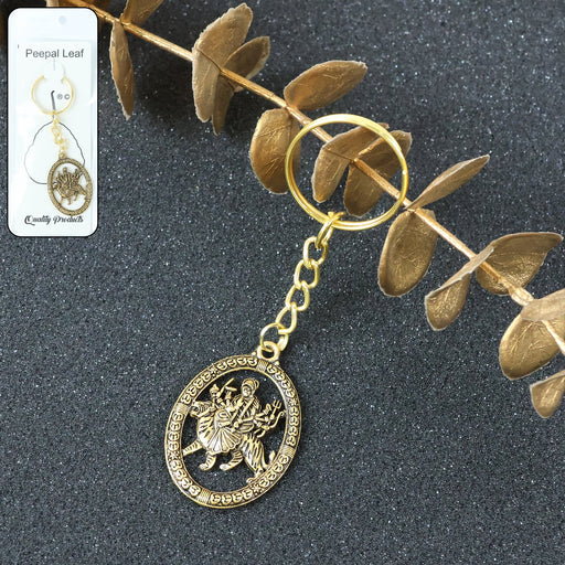 Maa Durga Golden Oval Frame Keychain with detailed idol in gold metal