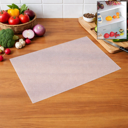 Transparent plastic refrigerator mat rolled up for storage
