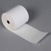 Thermal label roll for barcode printing showing crisp print and self-adhesive backing