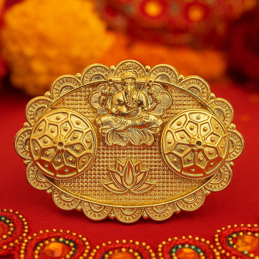 Ganesh embossed roli chawal kumkum chopra with dual holders and antique gold finish on oval tray