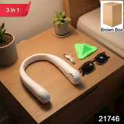 Close-up of wearable neck fan for personal cooling during travel