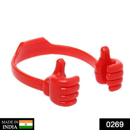 Close-up of a red hand shape phone holder made from silicone material.