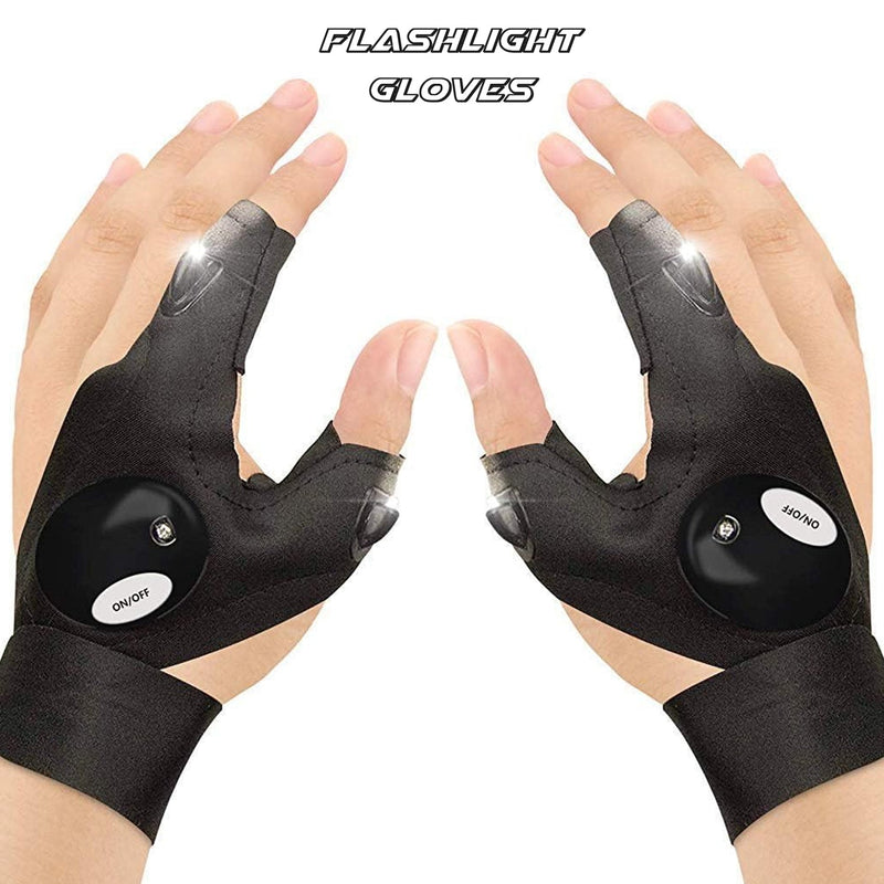 Outdoor flashlight gloves in use, brightly illuminating a path during a night hike.
