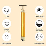 Luxury gold vibrating face roller for daily skincare.