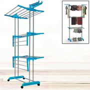 The stainless steel clothes drying stand folded compactly for easy storage.