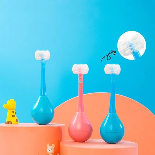 Close-up of the innovative 3-sided toothbrush head with soft silicone bristles for kids.