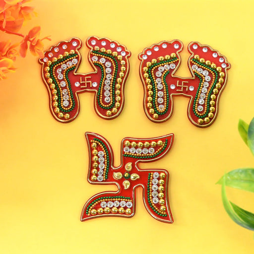 Laxmi Charan and Swastik decorative sticker set embellished with stones