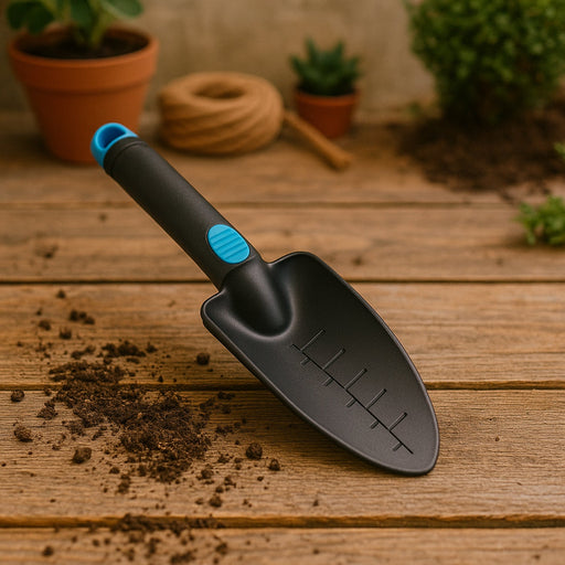 Heavy duty garden hand trowel with plastic blade and measurement marks