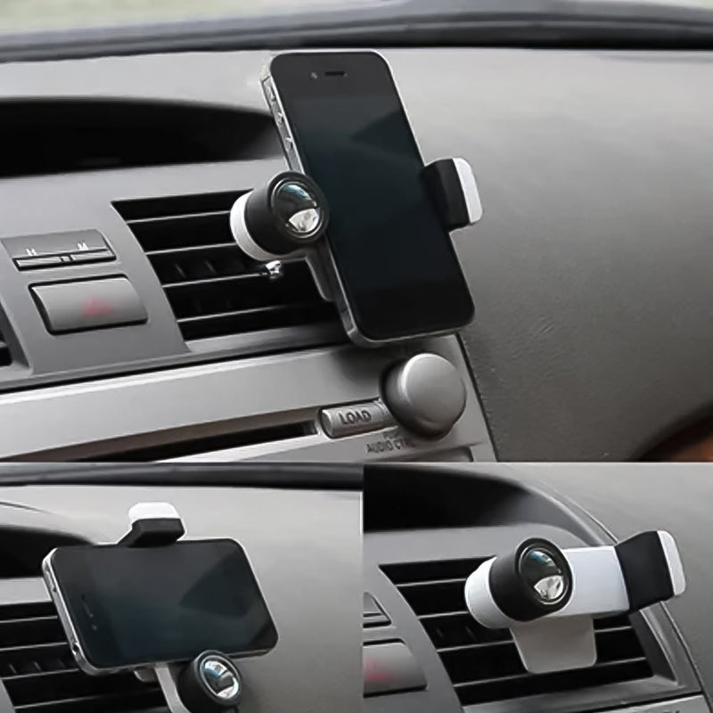 Universal car phone mount with gravity design gripping a smartphone