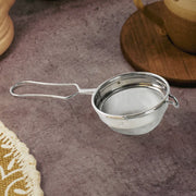 Side profile of stainless steel tea strainer showcasing mesh and rim