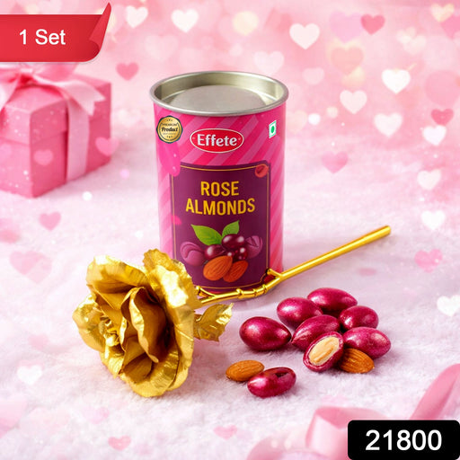 Luxury gift box containing golden rose and rose almonds