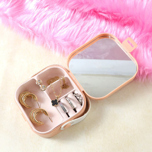 Mini jewelry storage box with built-in mirror closed compact design