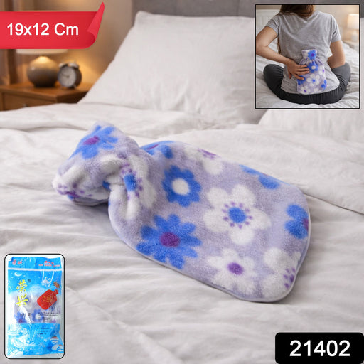 Soft plush fabric cover hot water bottle sized 19x12 cm for targeted heat therapy