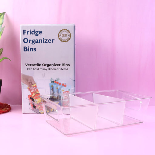 Clear plastic refrigerator organizer bin with an easy-grip handle, perfect for fridge storage.