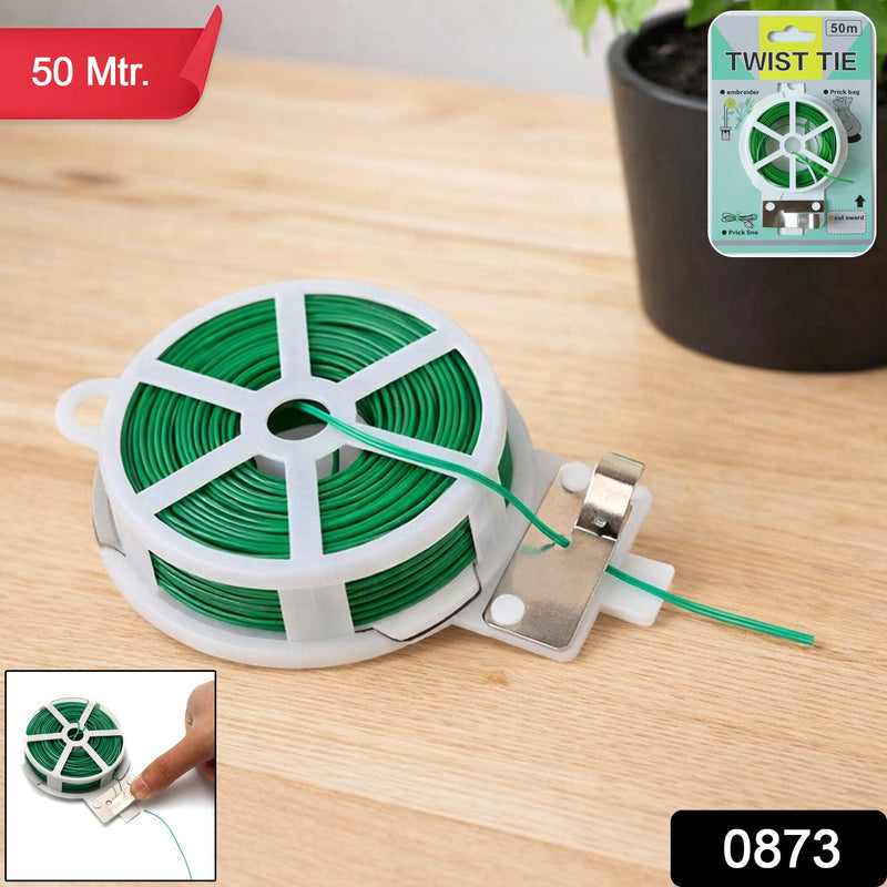 Flexible green twist tie roll with built-in cutter for home organization