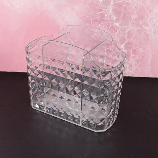 Multipurpose clear organizer holder with multiple compartments showing crystal texture