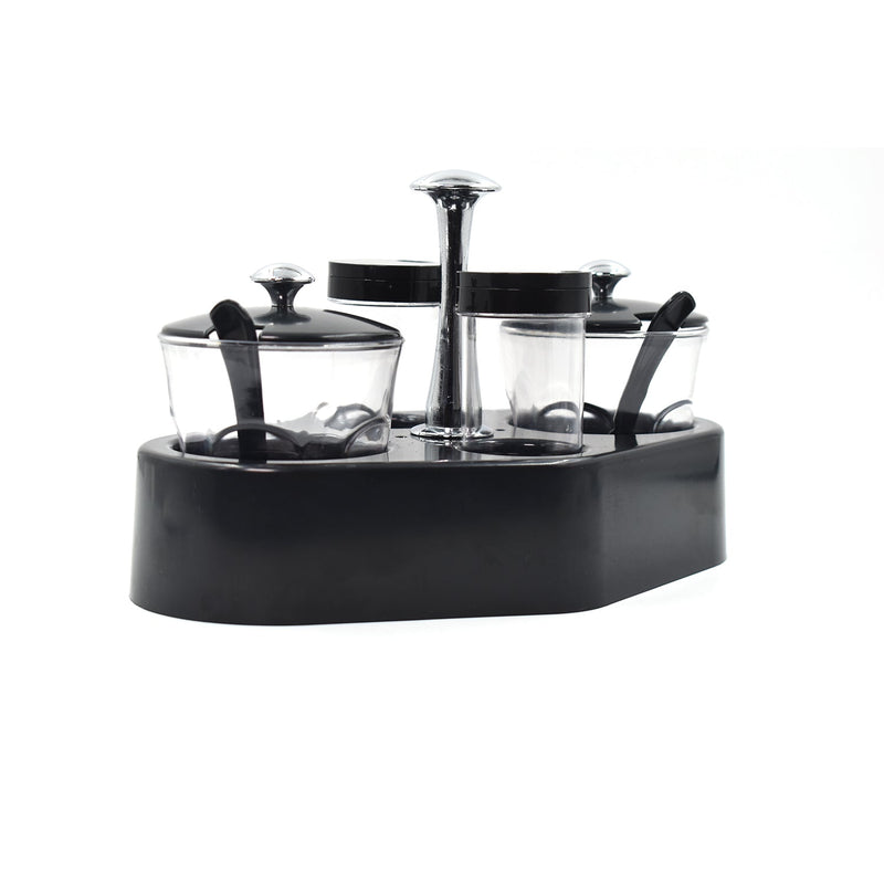 Close-up of the transparent plastic condiment jar, highlighting the airtight lid.
