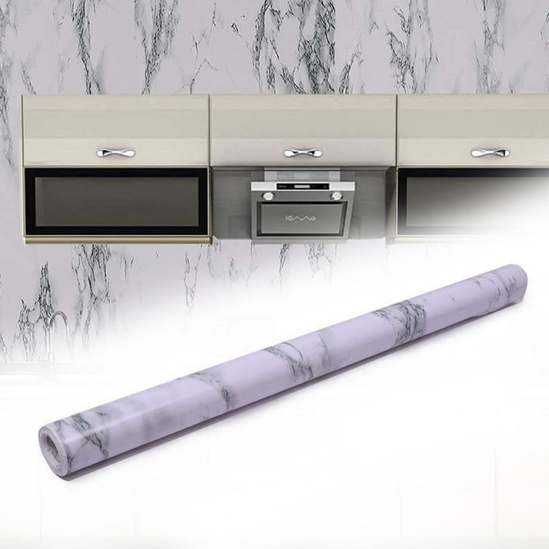 Roll of marble kitchen wallpaper with realistic white and grey pattern