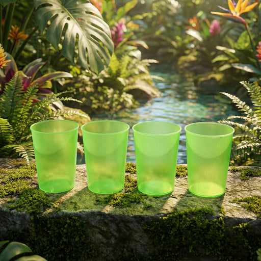 Set of four transparent reusable plastic tumblers for daily use.