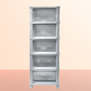 Organivo 5-tier plastic modular drawer storage unit with open drawers showing capacity.