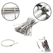 Stainless steel cable ties securing pipes, demonstrating their versatility for home improvement tasks.