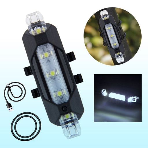 Rechargeable LED bicycle safety light mounted on a bike handlebar and seat post for visibility.