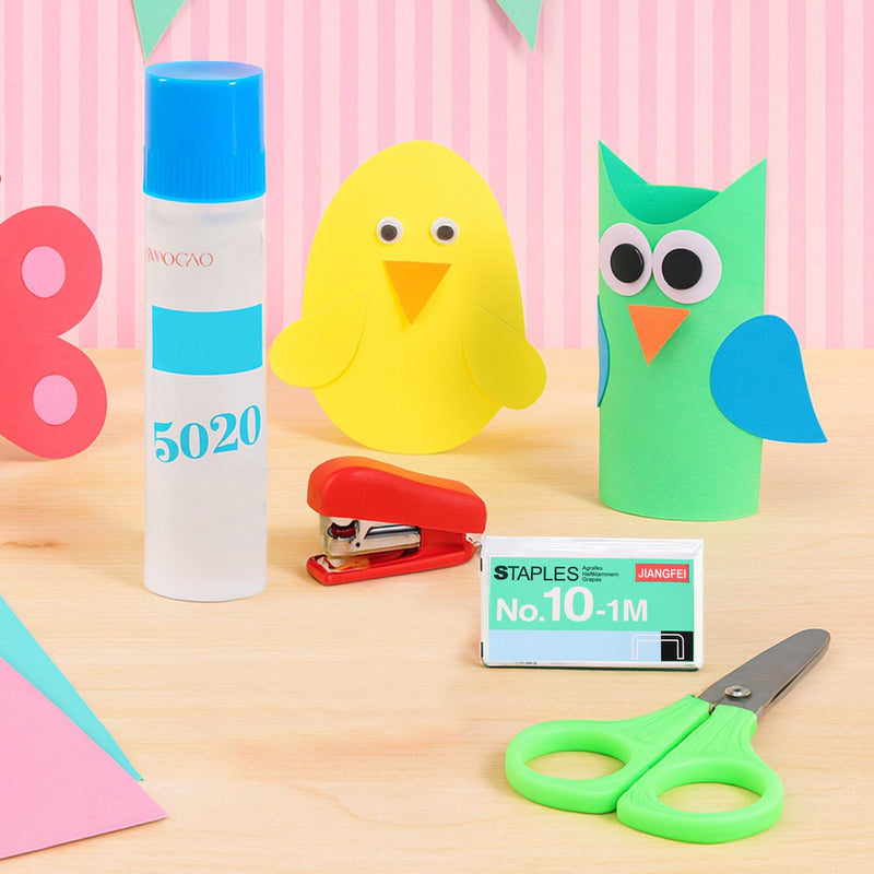 Kids crafting and stationery set including safety scissors, stapler, glue, and staples in vibrant colors