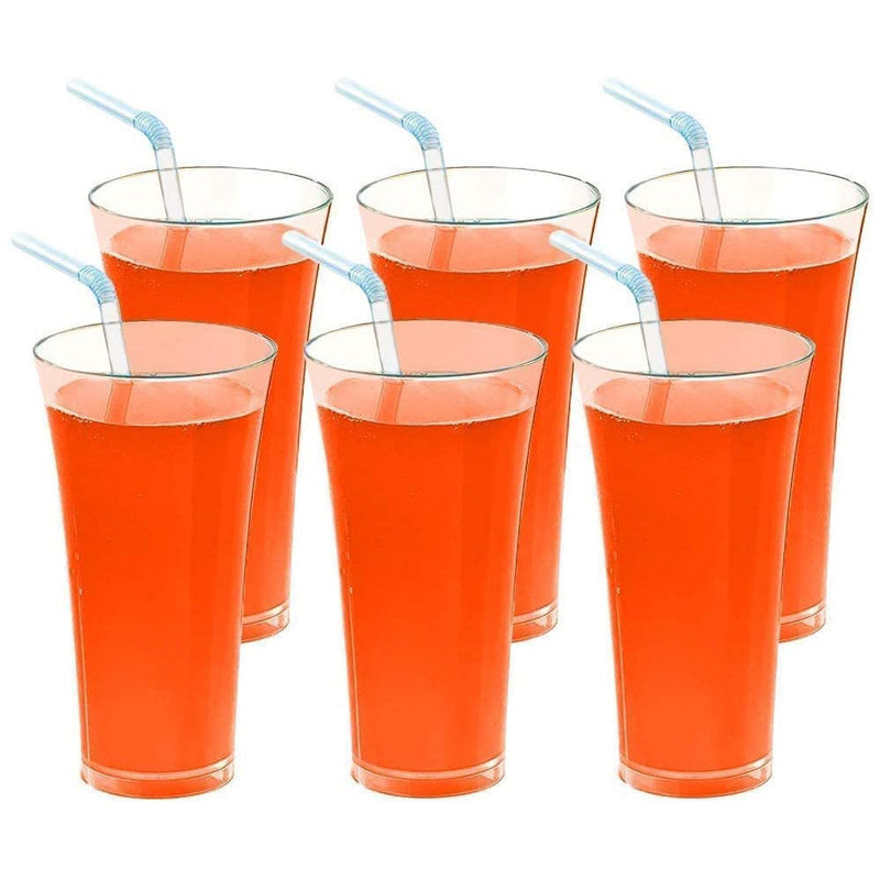 Detail of the 300ml capacity and sturdy base of the plastic juicy glass.