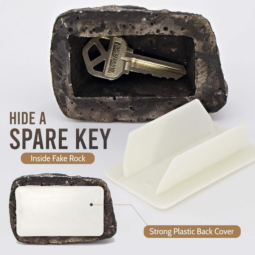 Close-up of the weatherproof fake rock key hider for outdoor key storage.