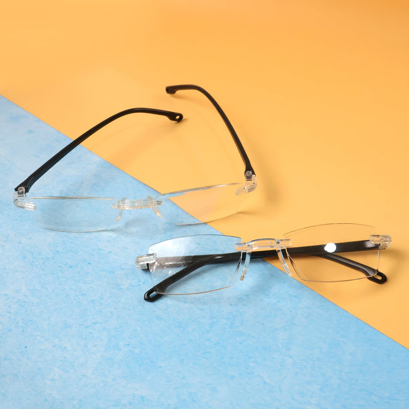 Close-up image of rimless reading glasses showcasing lightweight design and clear lenses