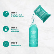 Wide view of concentrated glass cleaner refill kit showing sachets and spray bottle.
