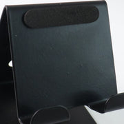 Front view of metal mobile and tablet stand showcasing compact and portable design