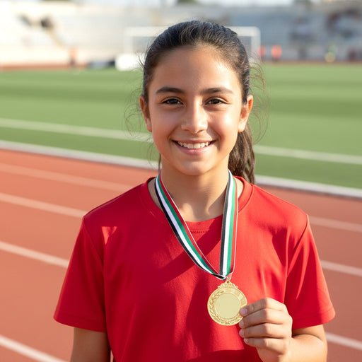 Gold finish winner medal with tricolor ribbon strap