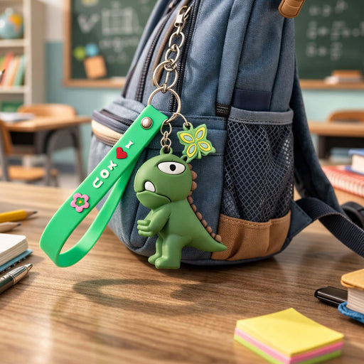 Close-up of silicone strap on dinosaur cartoon keychain