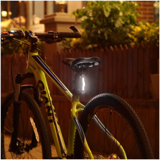 Compact rechargeable bicycle light set with bright front and rear LEDs for safety.
